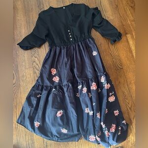 Floral Black and Pink Midi Dress